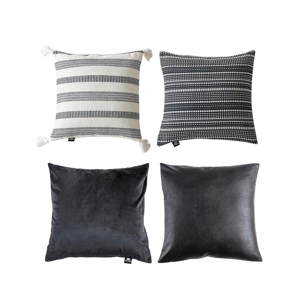 4 Piece Throw Pillow‎ Covers Set Black White Faux Leather Velvet Boho Tassel